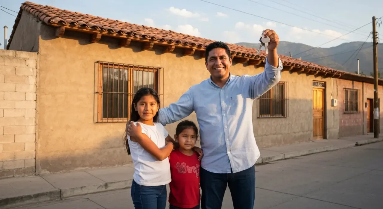 Familia mexicana feliz recibiendo llaves de su nueva casa